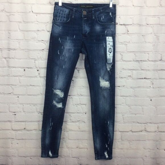 Ron Tomson Capsule Jeans Men's Sz 29 Button Fly Distressed Slim Fit Flex Graphic - Picture 1 of 12